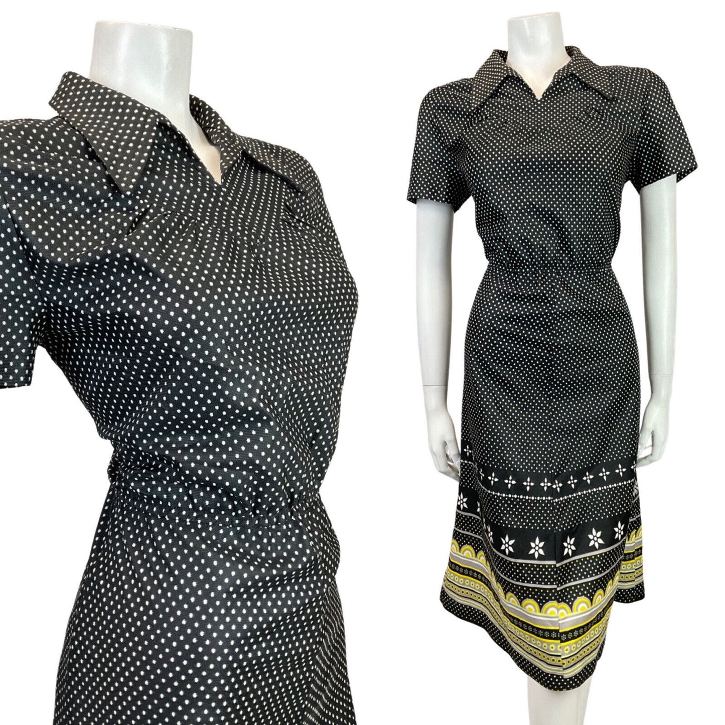 VINTAGE 60s 70s BLACK WHITE YELLOW POLKA-DOT GEOMETRIC DAISY MOD SHIRT DRESS 10
