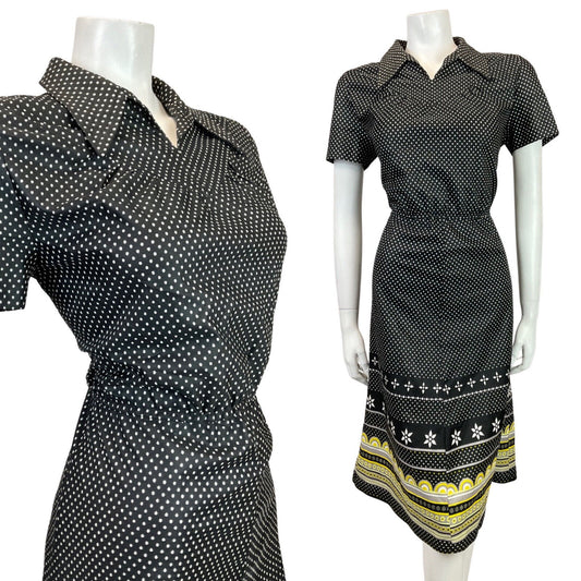 VINTAGE 60s 70s BLACK WHITE YELLOW POLKA-DOT GEOMETRIC DAISY MOD SHIRT DRESS 10
