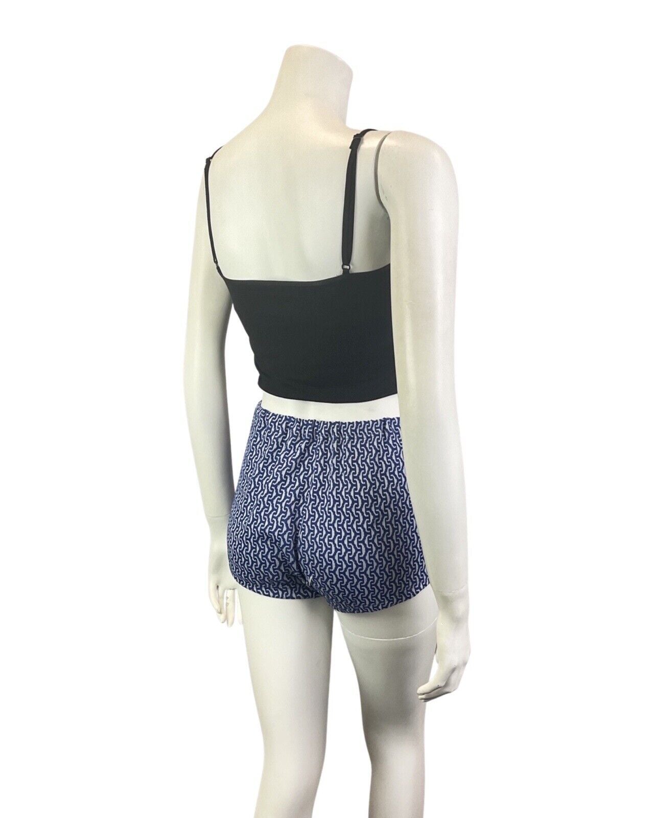 VINTAGE 60s 70s BLUE WHITE GEOMETRIC BELTED MOD HIGH-WAISTED SWIM SHORTS 8 10