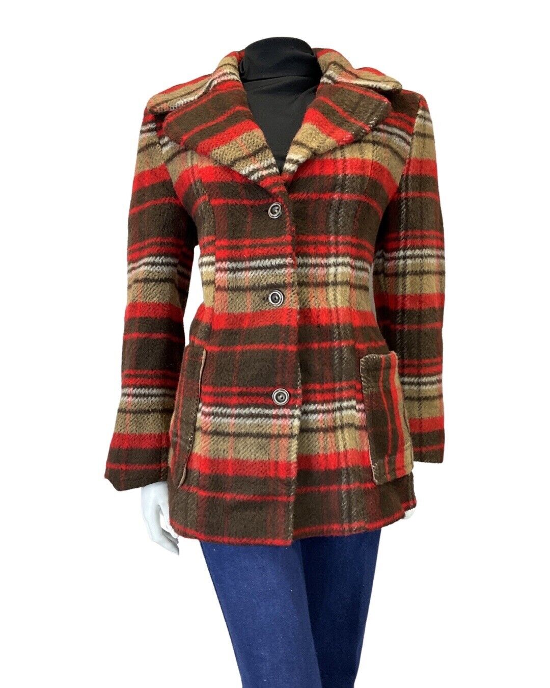 VINTAGE 60s 70s BROWN RED PLAID CHECKED STRIPED MOD WOOL SHORT COAT 14 16