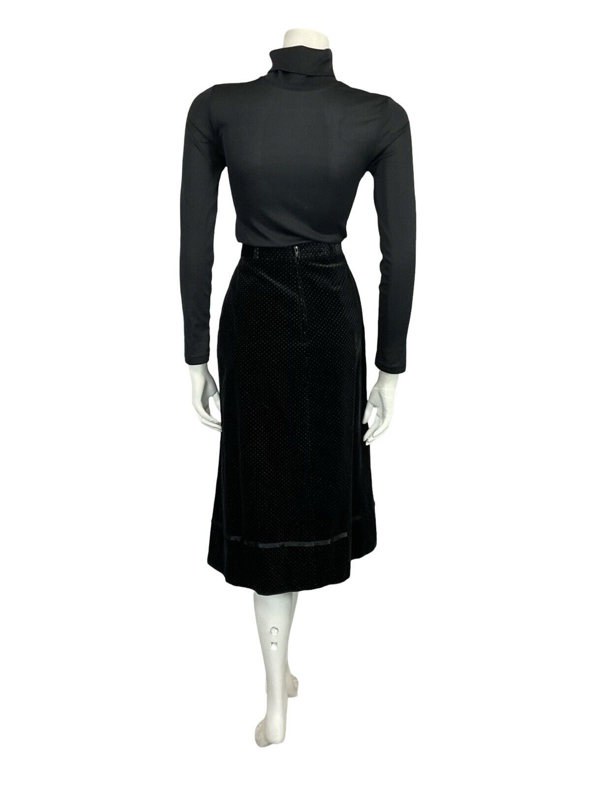 VTG 70S FOLK BOHO BLACK WHITE PIN DOT VELVET RIBBON TRIM MIDI SKIRT 6