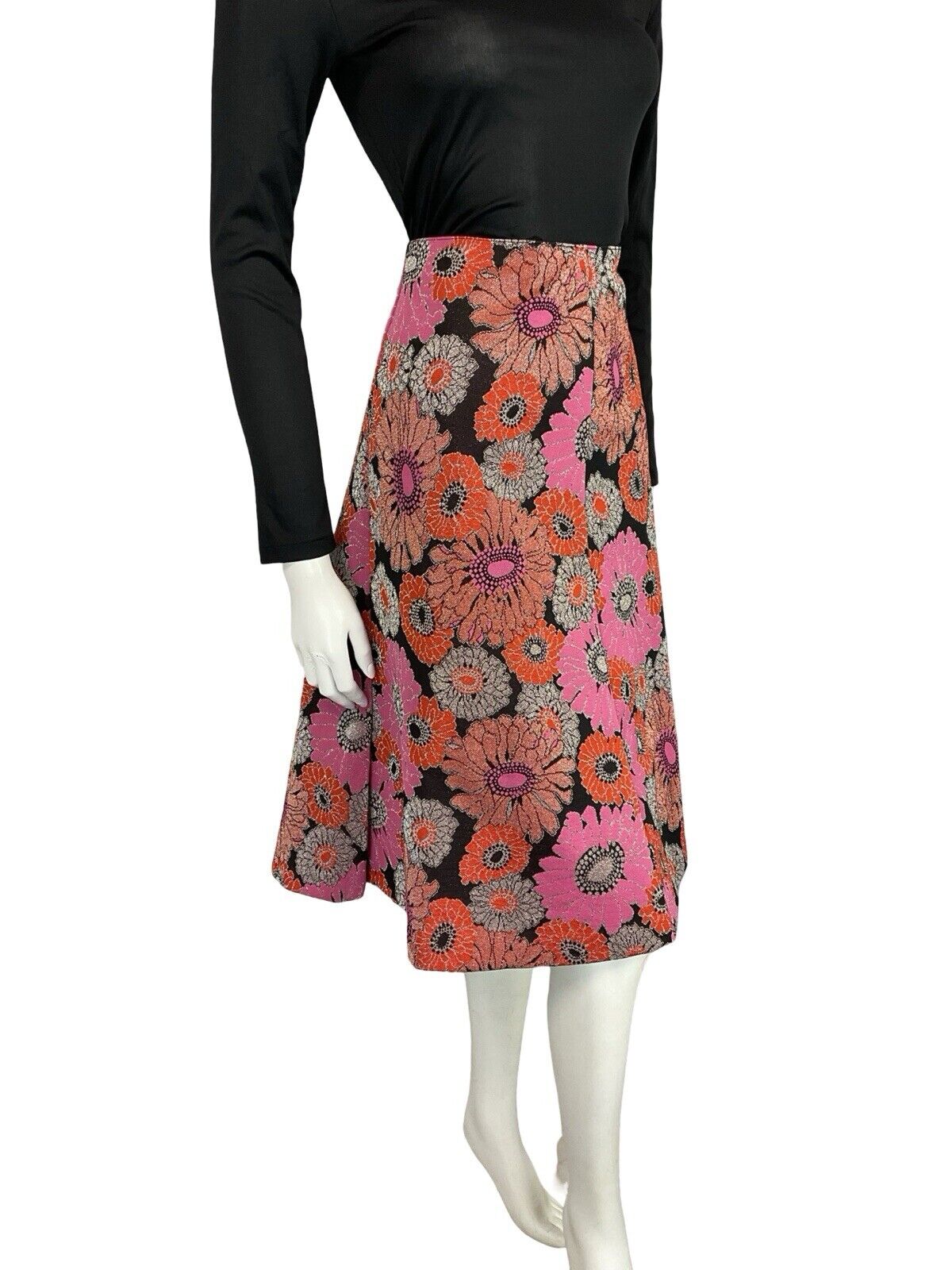 VTG 60S 70S VIBRANT RED PINK SILVER BLACK FLORAL CIRCLE MIDI PARTY SKIRT 12