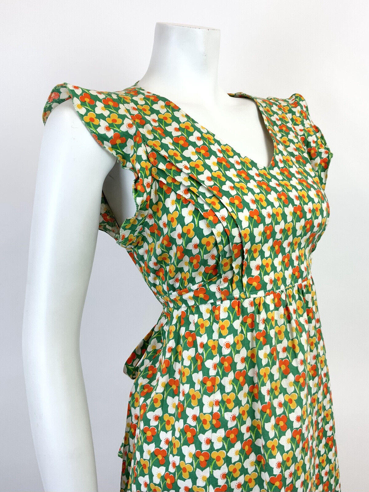 VTG 60s 70s GREEN WHITE ORANGE YELLOW FLORAL MOD SLEEVELESS SUMMER DRESS 12 14