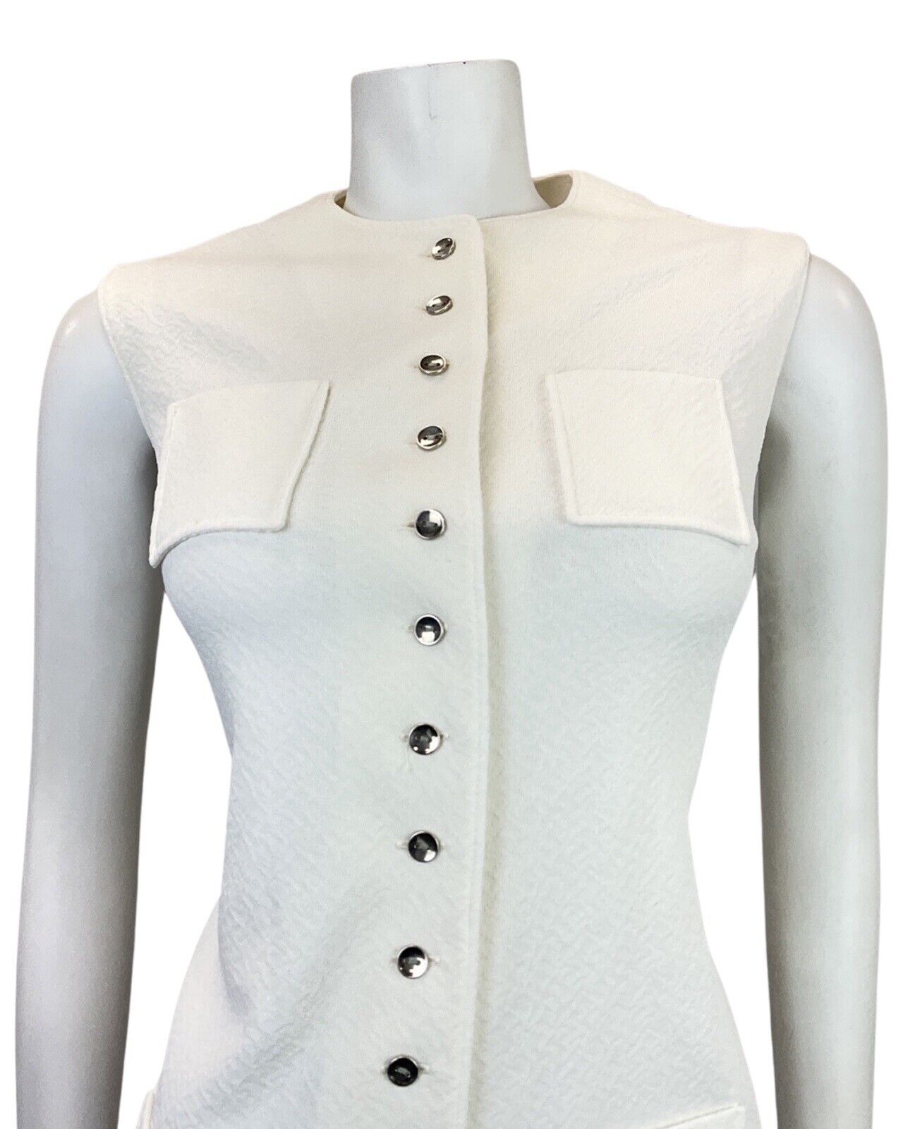 VINTAGE 60s 70s BRIGHT WHITE SILVER SLEEVELESS MOD SHORT SHIFT DRESS 10 12