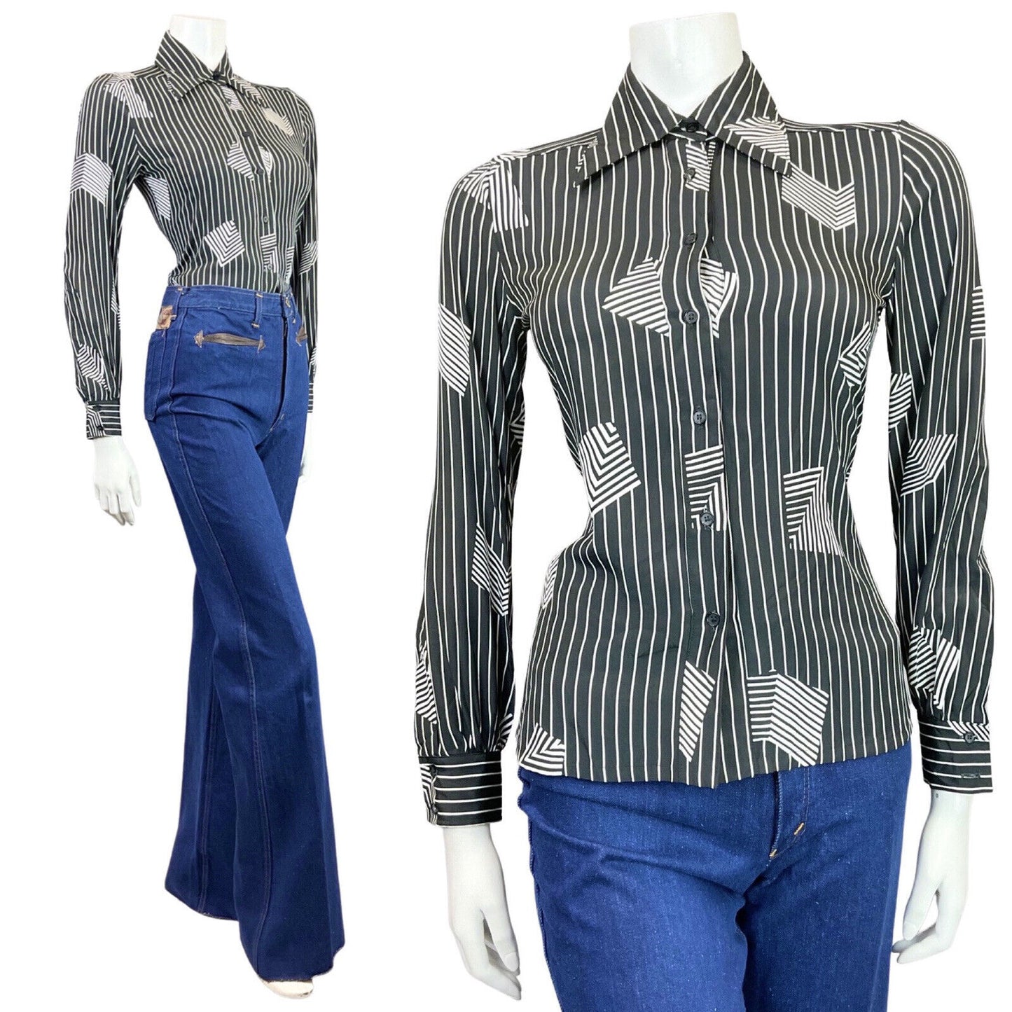 VINTAGE 60s 70s BLACK WHITE PINSTRIPE OP-ART GEOMETRIC MOD DAGGER SHIRT 8