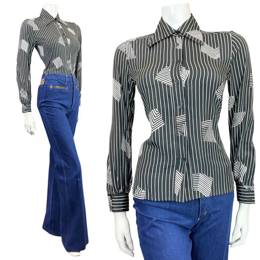 VINTAGE 60s 70s BLACK WHITE PINSTRIPE OP-ART GEOMETRIC MOD DAGGER SHIRT 8