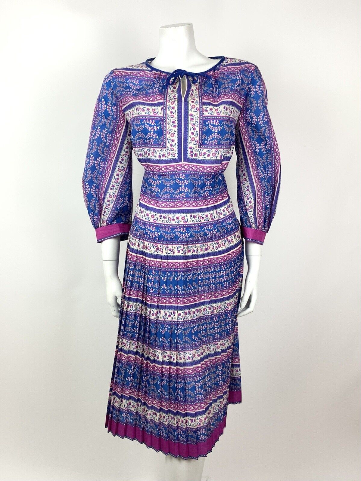 VTG 60s 70s BLUE PINK WHITE FLORAL STRIPED GYPSY BOHO FOLK PLEATED DRESS 14 16