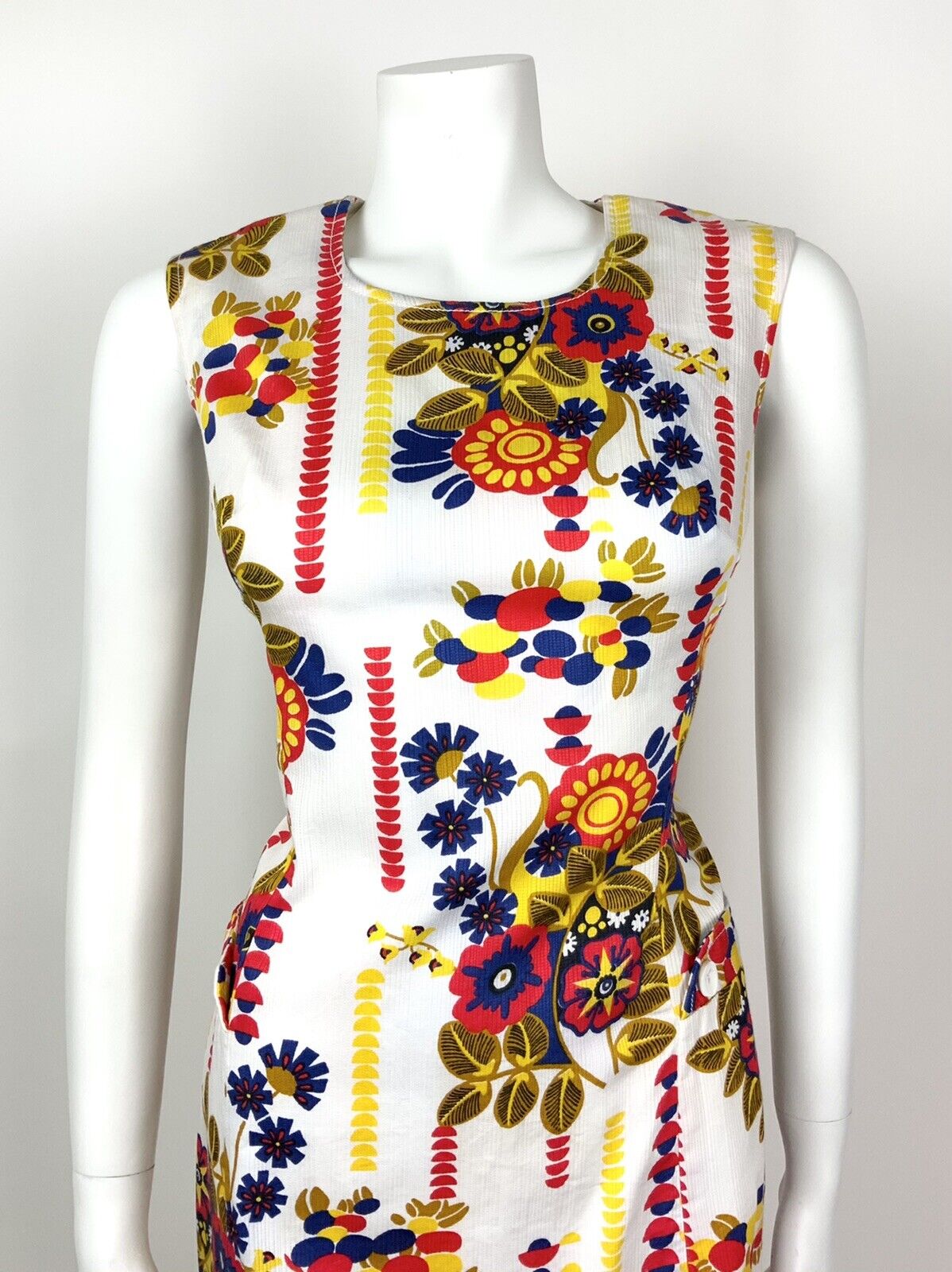 VINTAGE 60s 70s WHITE RED BLUE YELLOW GOLD FLORAL GEOMETRIC MOD DRESS 10 12