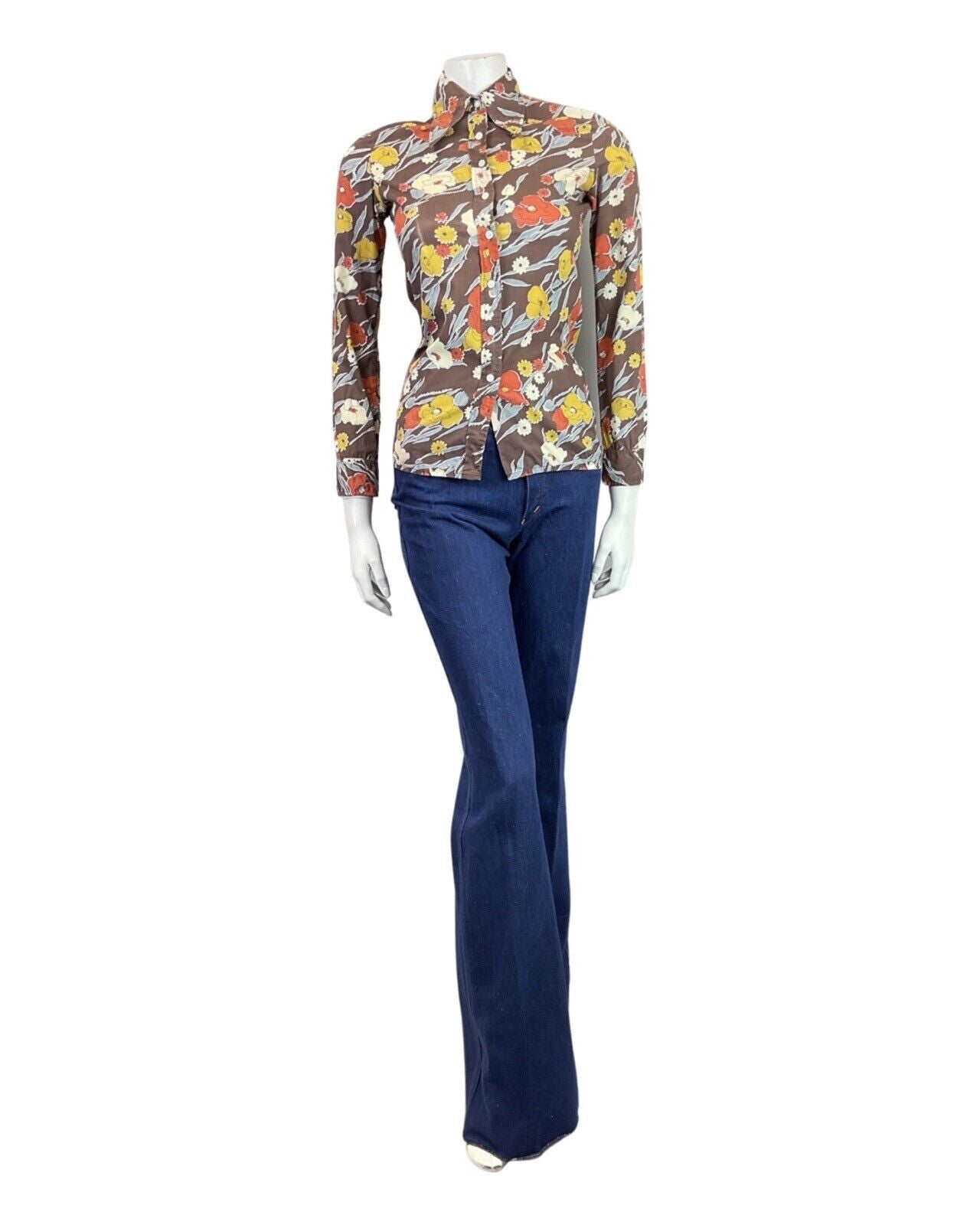VINTAGE 60s 70s BROWN YELLOW RED FLORAL MOD DAGGER COLLAR SHIRT 10 12