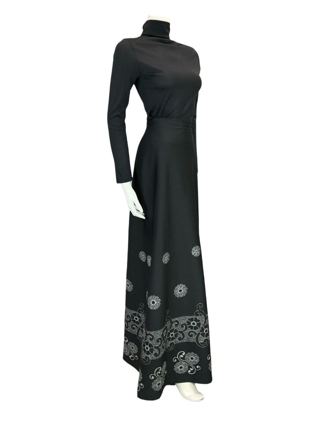 VTG 70S BLACK SILVER FLORAL ARTS AND CRAFTS BORDER MAXI PARTY SKIRT 10