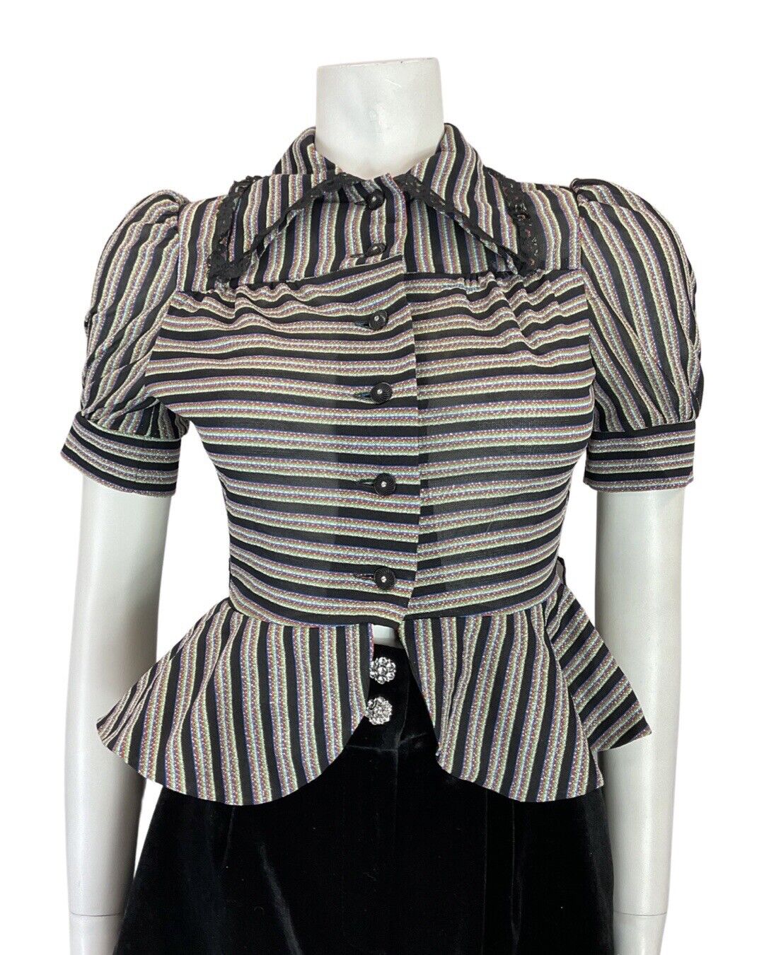 VINTAGE 60s 70s BLACK BLUE SILVER STRIPED MOD PARTY PEPLUM LUREX BLOUSE 8 10