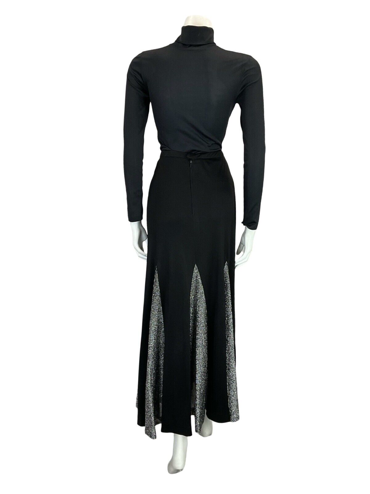 VTG 70S BLACK CHARCOAL SILVER LUREX DART DISCO TWIRL FLARE MIDI SKIRT S 8 10