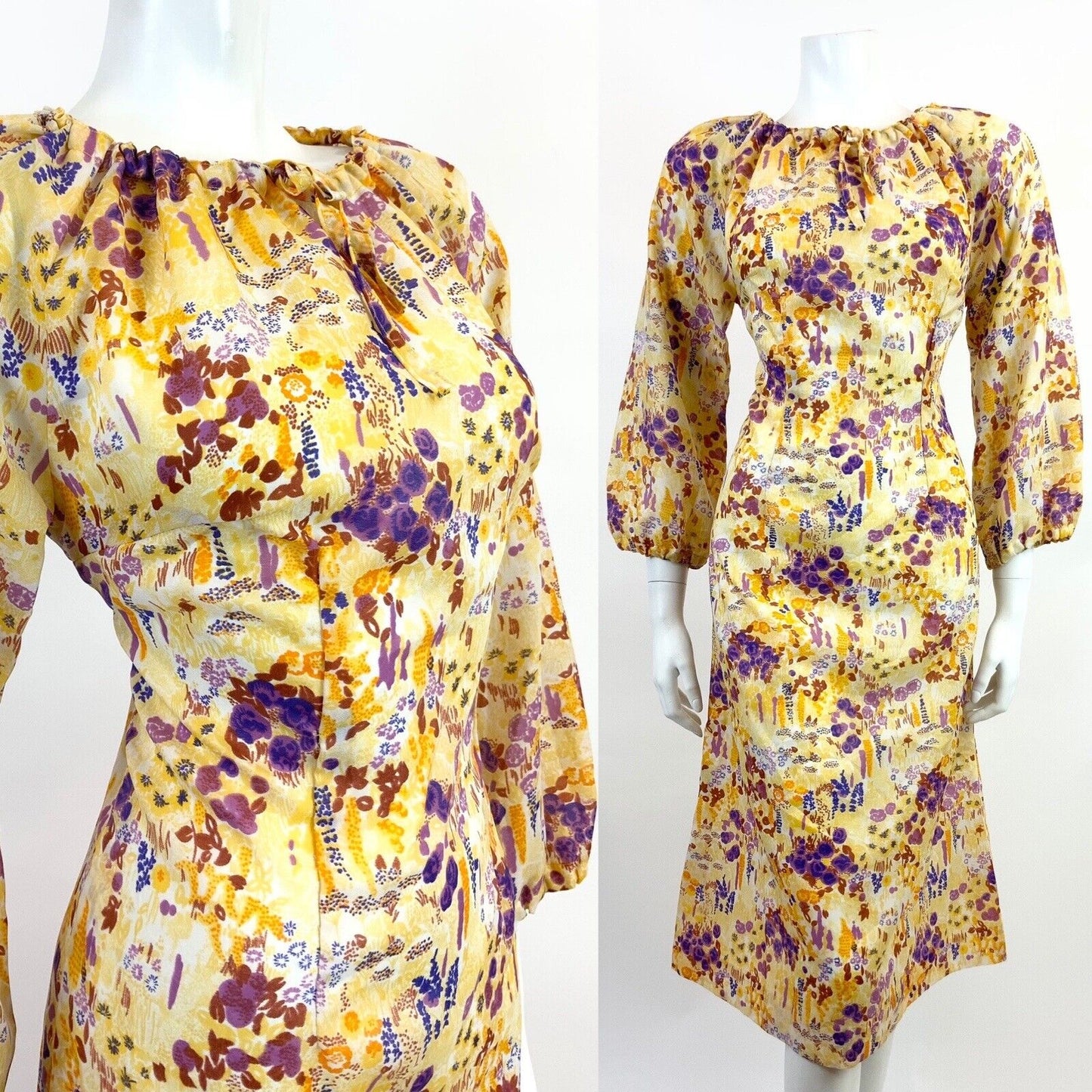 VINTAGE 60s 70s YELLOW WHITE PURPLE FLORAL DITSY BOHO FOLK FLOATY DRESS 14 16
