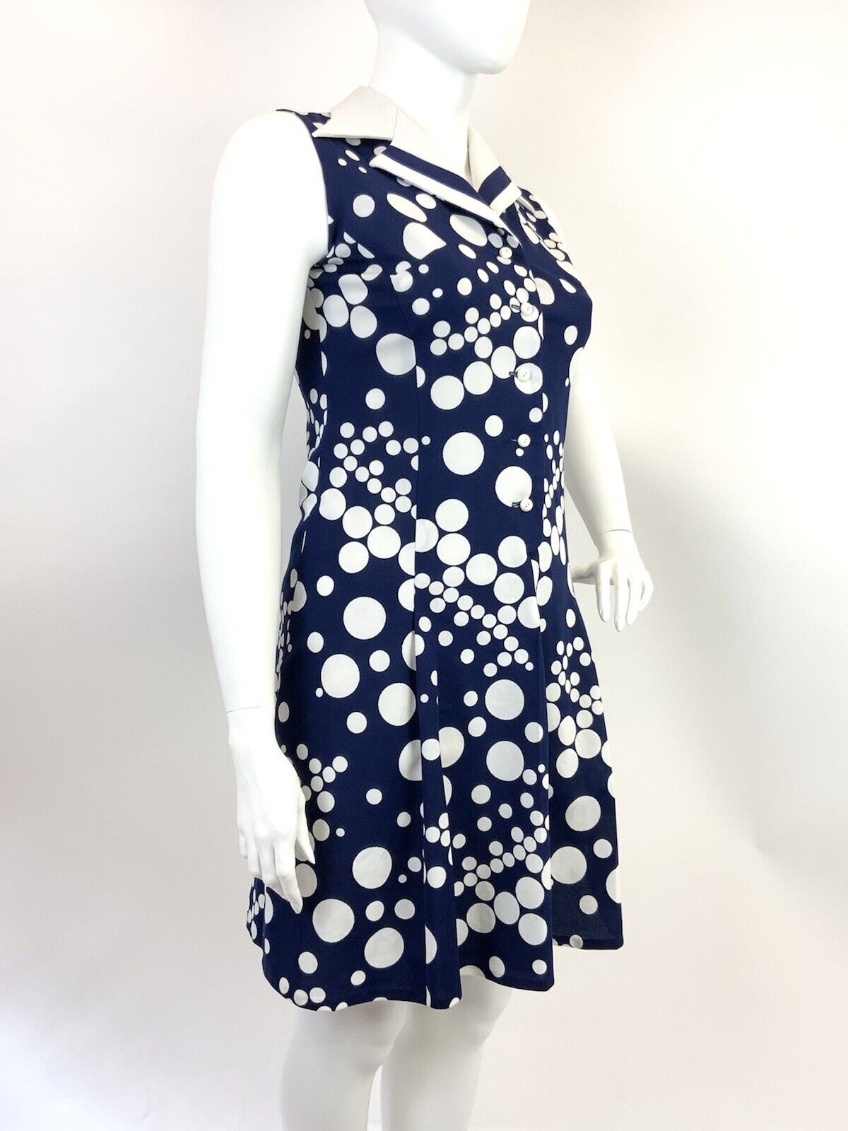 VINTAGE 60s 70s NAVY BLUE WHITE DOTTY MOD SLEEVELESS DAGGER COLLAR DRESS 16 18