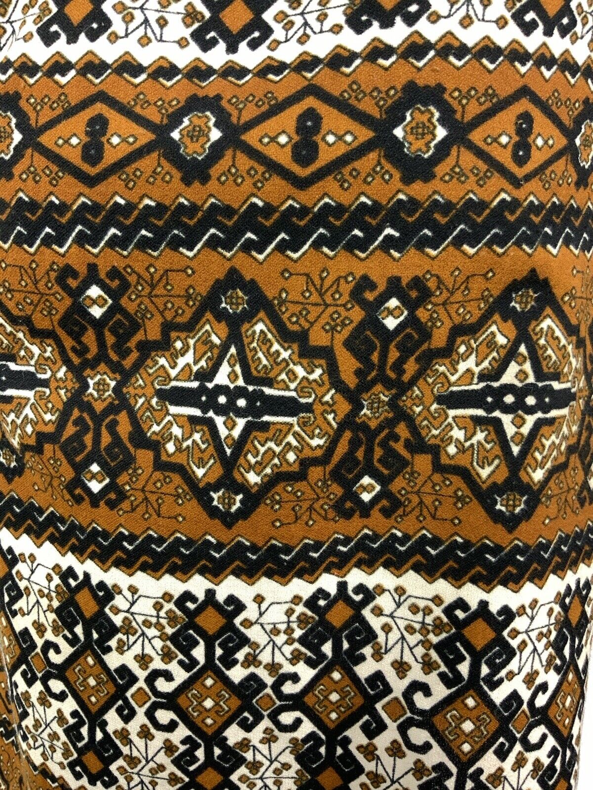 VINTAGE 60s 70s BROWN WHITE BLACK STRIPED AZTEC FLORAL GEOMETRIC SHIRT DRESS 12