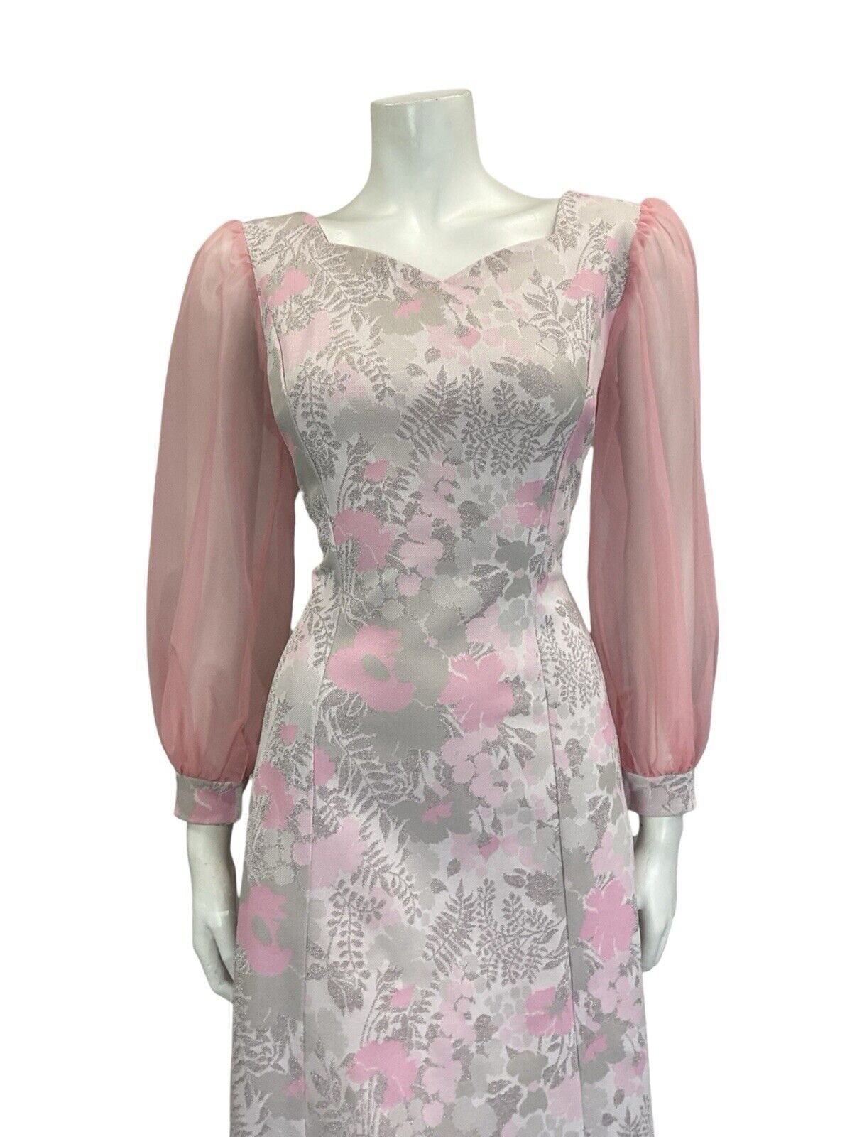 VTG 60S PINK GREY SILVER FLORAL SWEETHEART MESH SLEEVE PARTY MINI DRESS 12