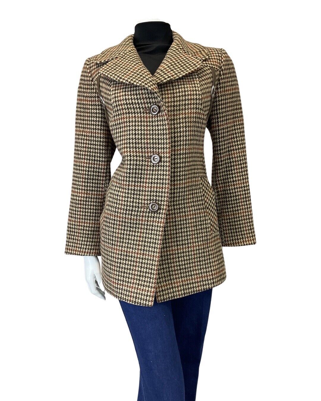 VINTAGE 60s 70s BROWN GREEN CREAM TWEED HOUNDSTOOTH SHORT WOOL COAT 14