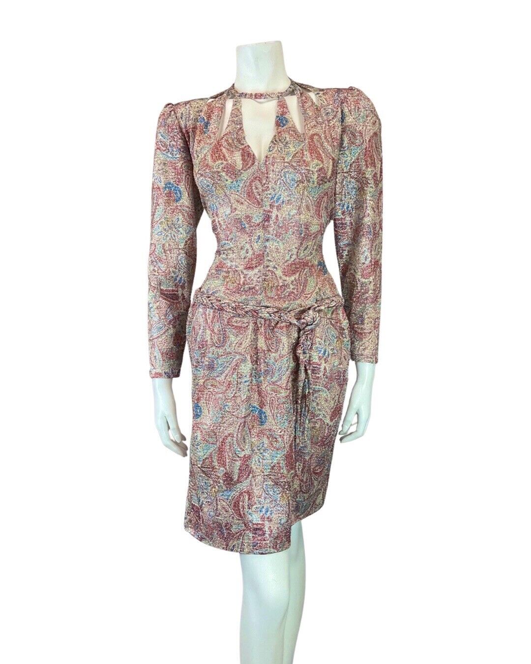 VINTAGE 60s 70s PINK BLUE SILVER PAISLEY FLORAL LUREX CUT-OUT MOD DISCO DRESS 8