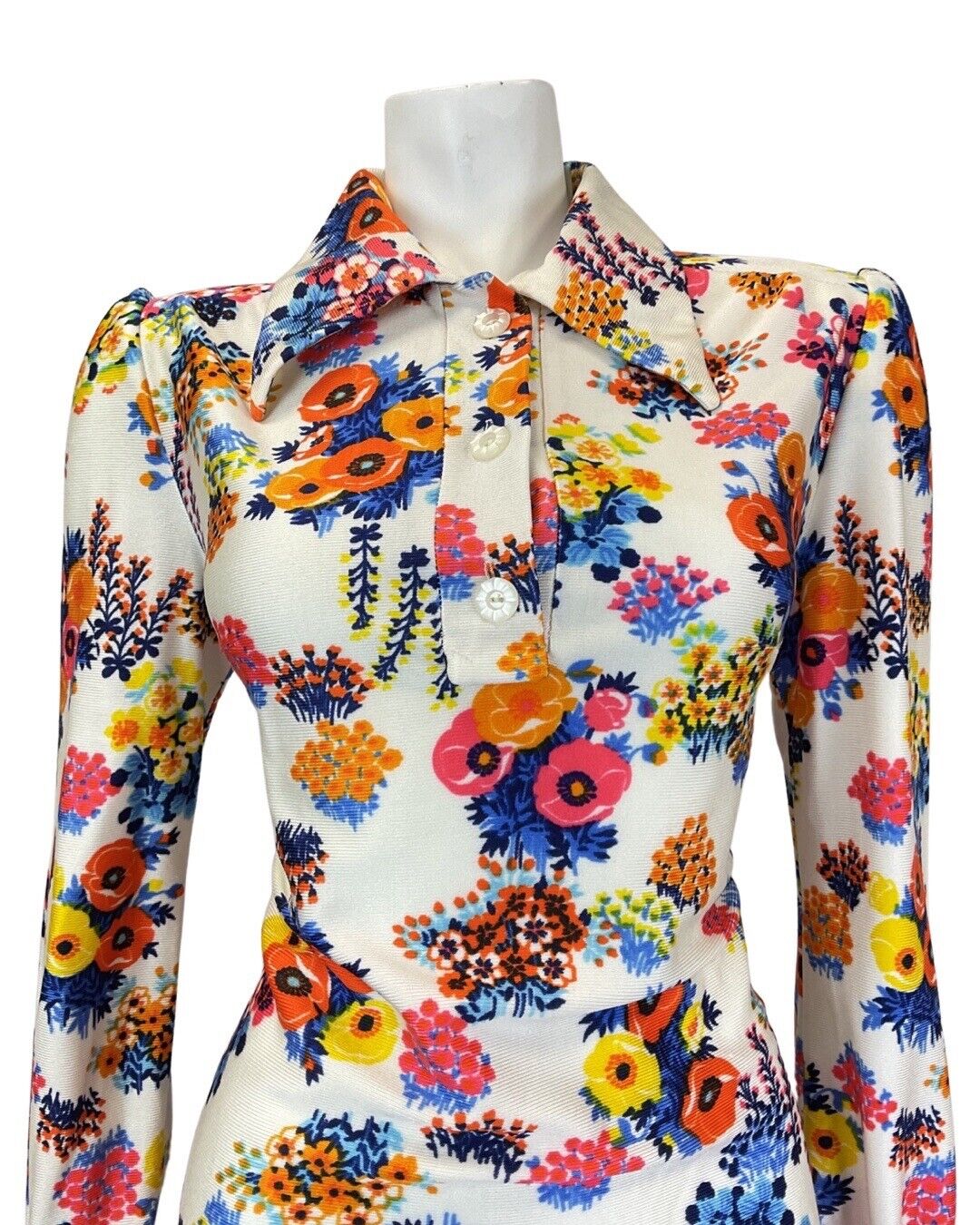 VINTAGE 60s 70s WHITE BLUE PINK FLORAL BOUQUET MOD DAGGER SHIRT DRESS 12 14