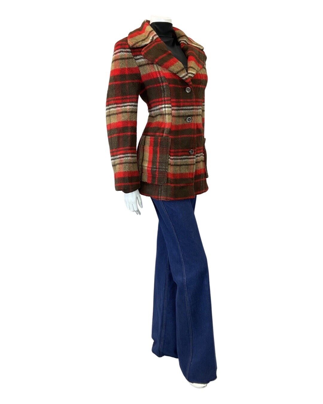 VINTAGE 60s 70s BROWN RED PLAID CHECKED STRIPED MOD WOOL SHORT COAT 14 16