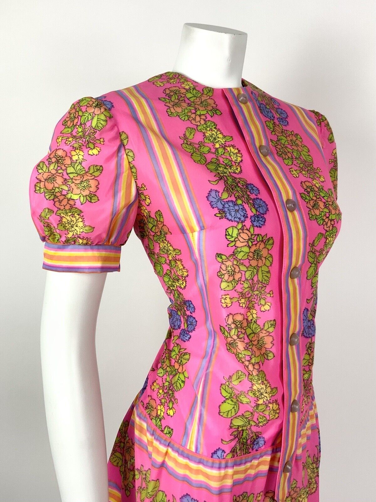 VTG 60s 70s NEON PINK YELLOW PURPLE STRIPED FLORAL MOD DROP WAIST DRESS 10 12