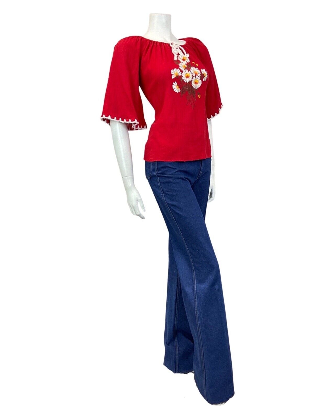 VINTAGE 60s 70s RED WHITE DAISY FLOWER BOHO FOLK PRAIRIE BLOUSE 12