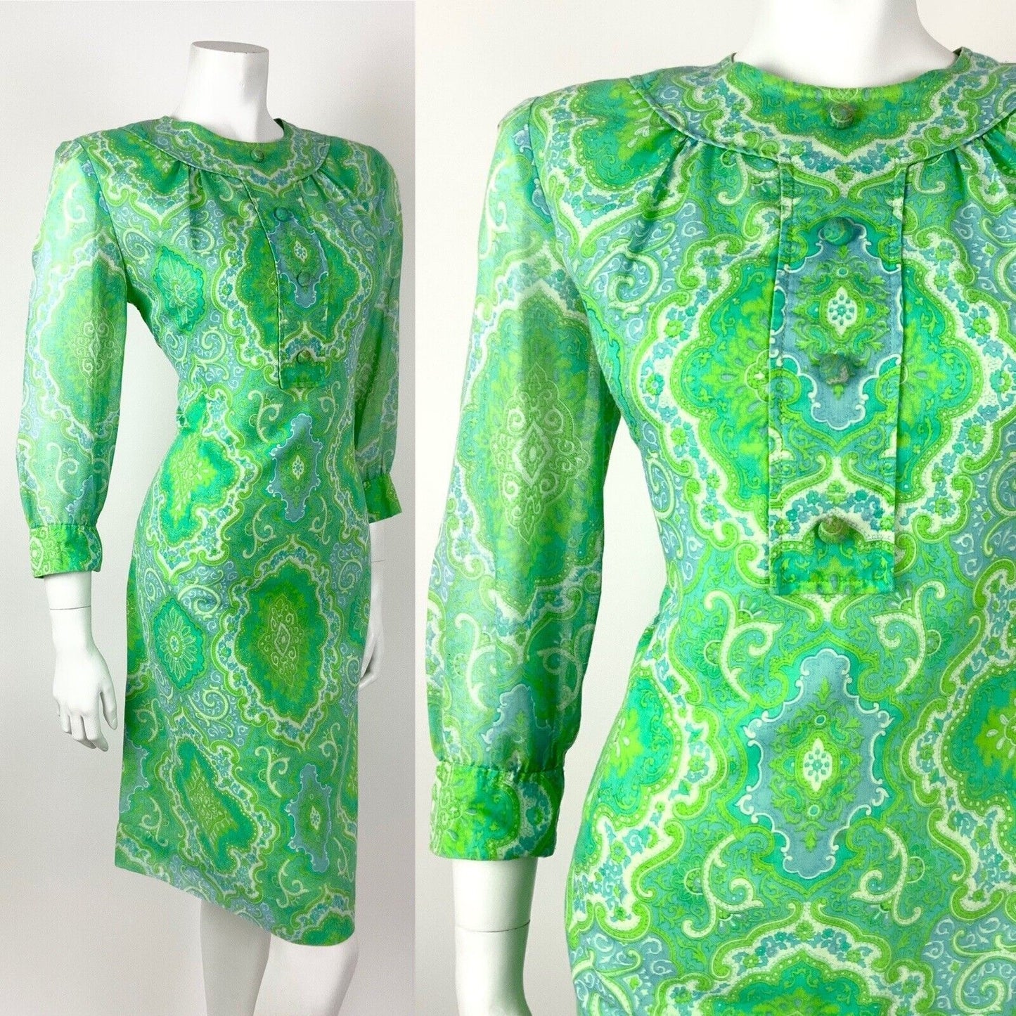 VTG 60s 70s GREEN BLUE WHITE FLORAL PSYCHEDELIC DAMASK BAROQUE MOD DRESS 12 14