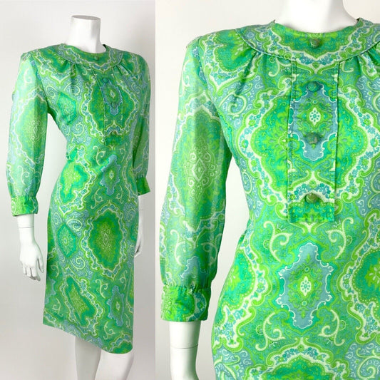 VTG 60s 70s GREEN BLUE WHITE FLORAL PSYCHEDELIC DAMASK BAROQUE MOD DRESS 12 14