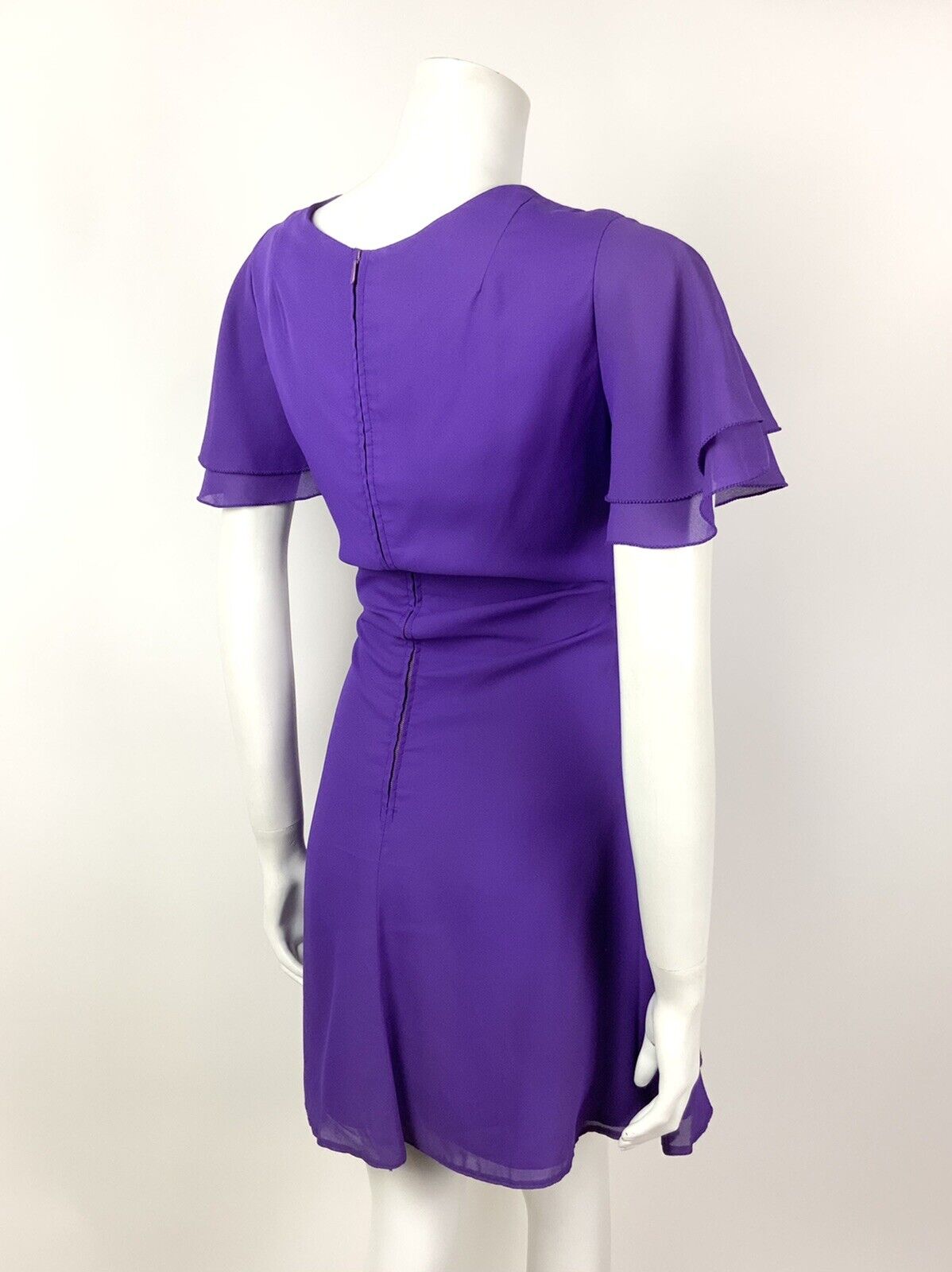 VINTAGE 60s 70s VIOLET PURPLE FLUTTER SLEEVE FLOATY SHORT DRESS 8