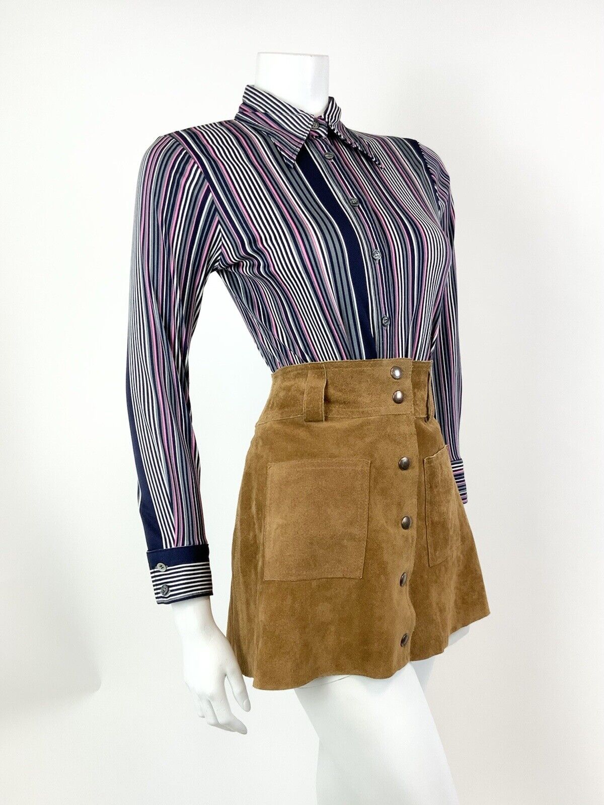 VINTAGE 60s 70s PURPLE BLACK BLUE WHITE STRIPED MOD DAGGER SHIRT BLOUSE 8 10