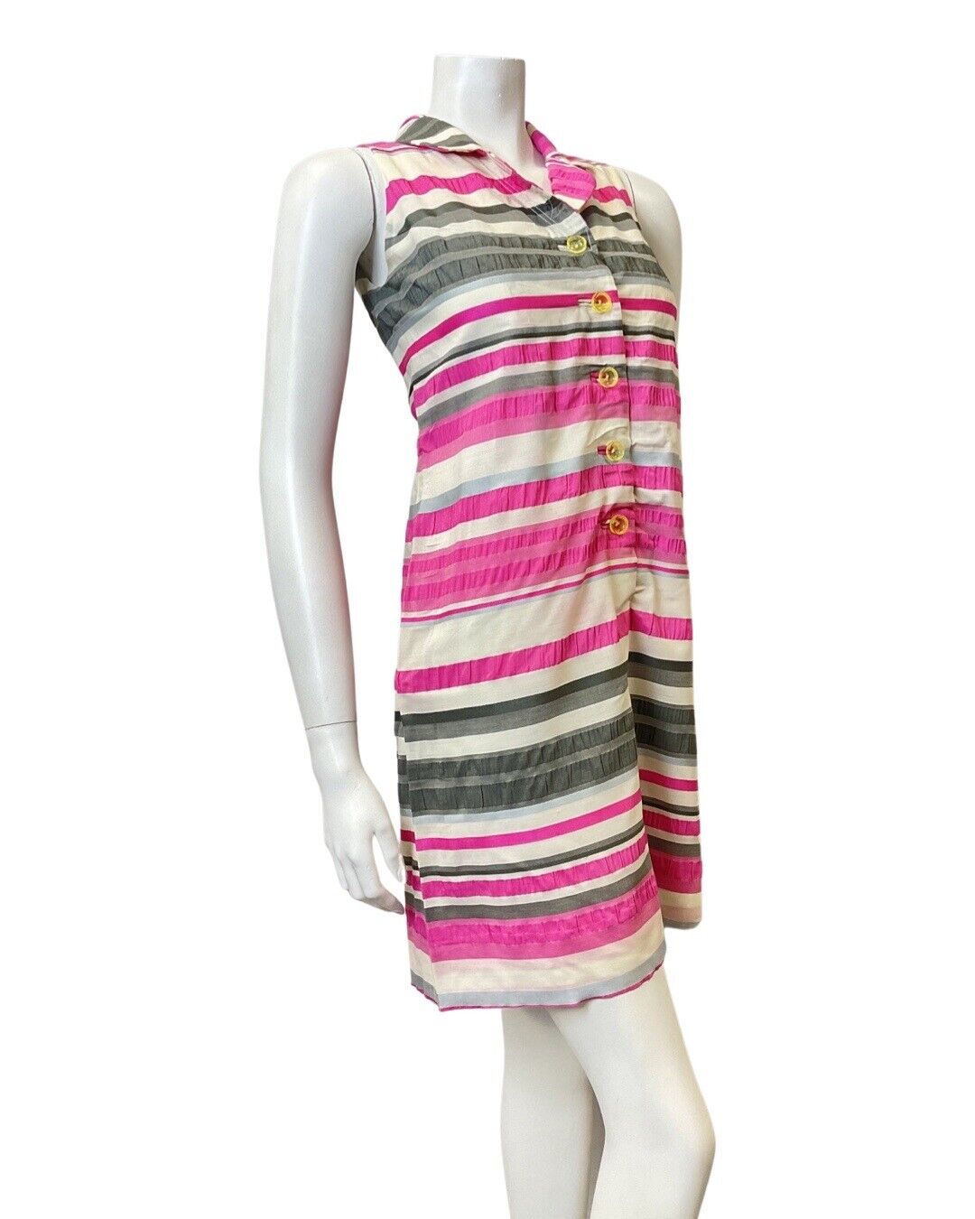 VINTAGE 60s 70s PINK SILVER WHITE STRIPED MOD SLEEVELESS SHIRT SHIFT DRESS 6