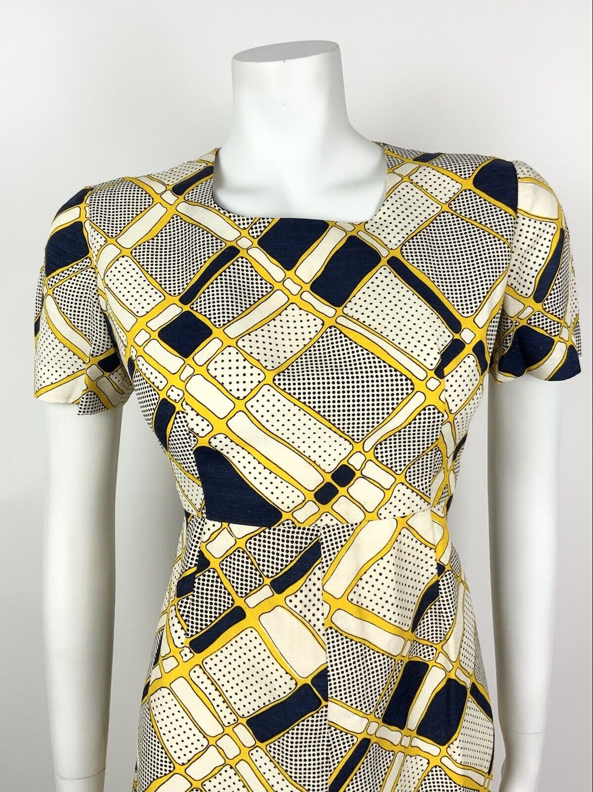 VINTAGE 60s 70s WHITE NAVY BLUE YELLOW GEOMETRIC POLKA-DOT MOD DRESS 10 12