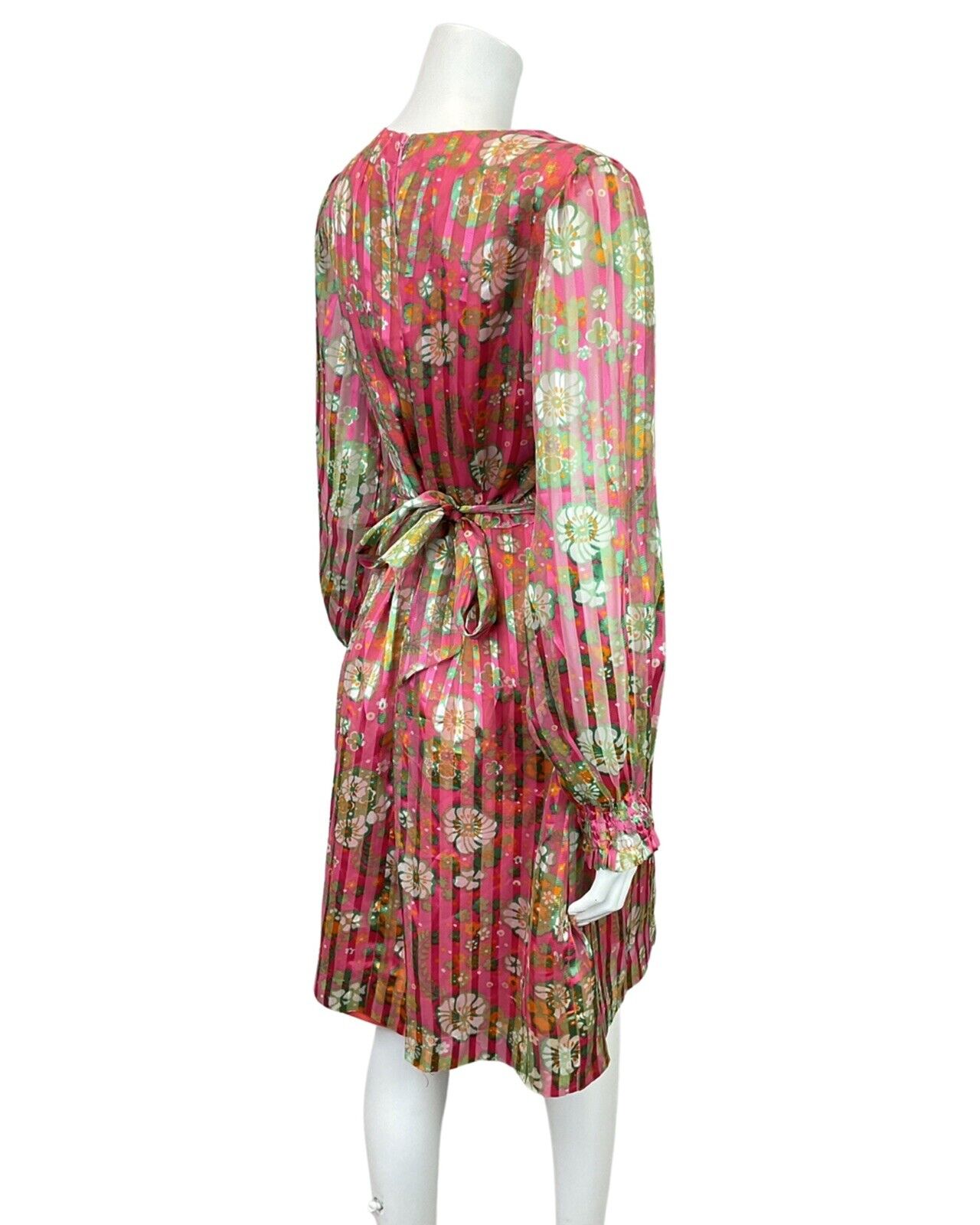 VINTAGE 60s 70s FUCHSIA PINK GREEN WHITE FLORAL STRIPED SHEER MOD DRESS 10 12