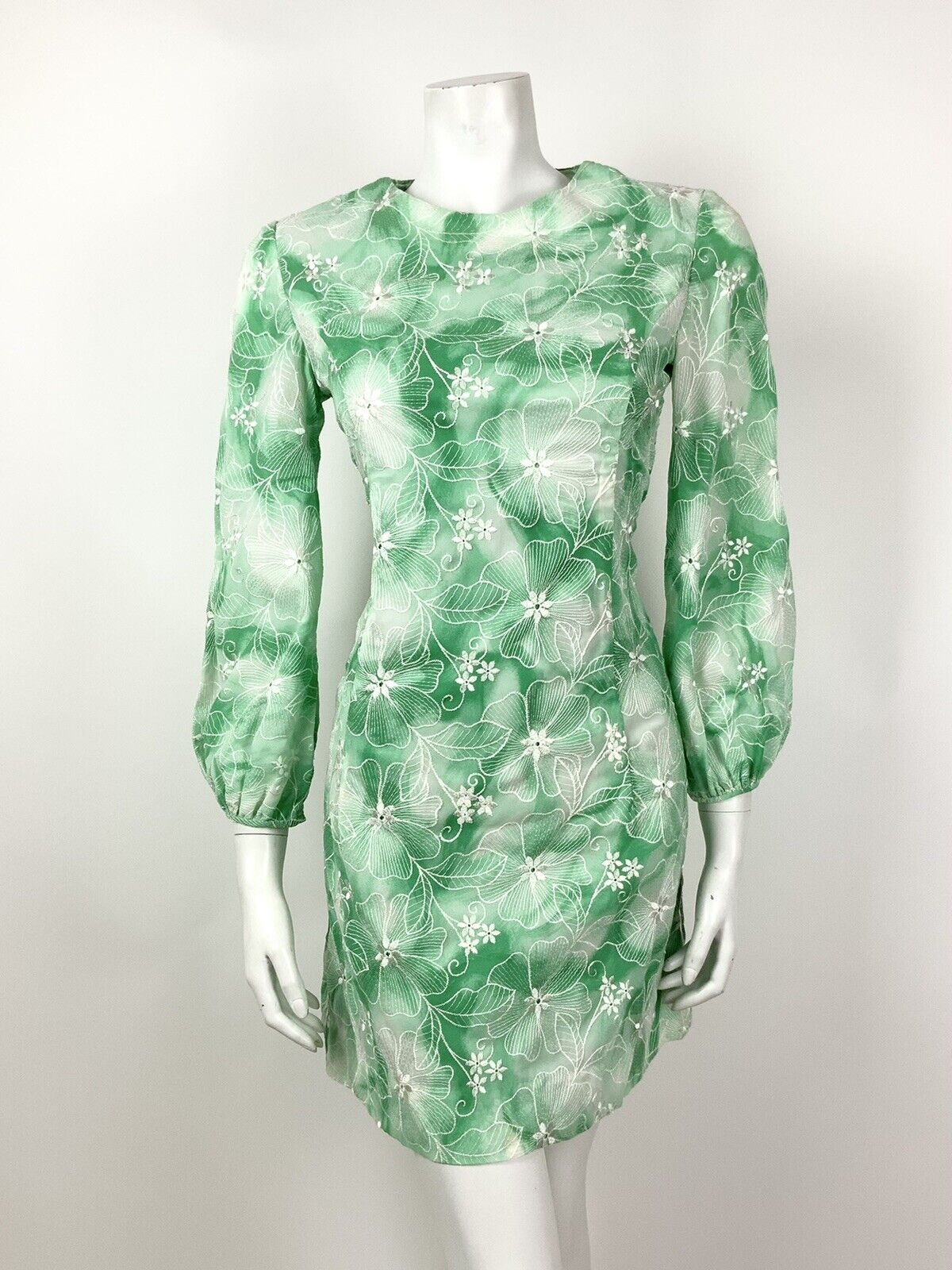 VINTAGE 60s 70s GREEN APPLE WHITE TIE-DYE FLORAL EMBROIDERED MOD DRESS 10