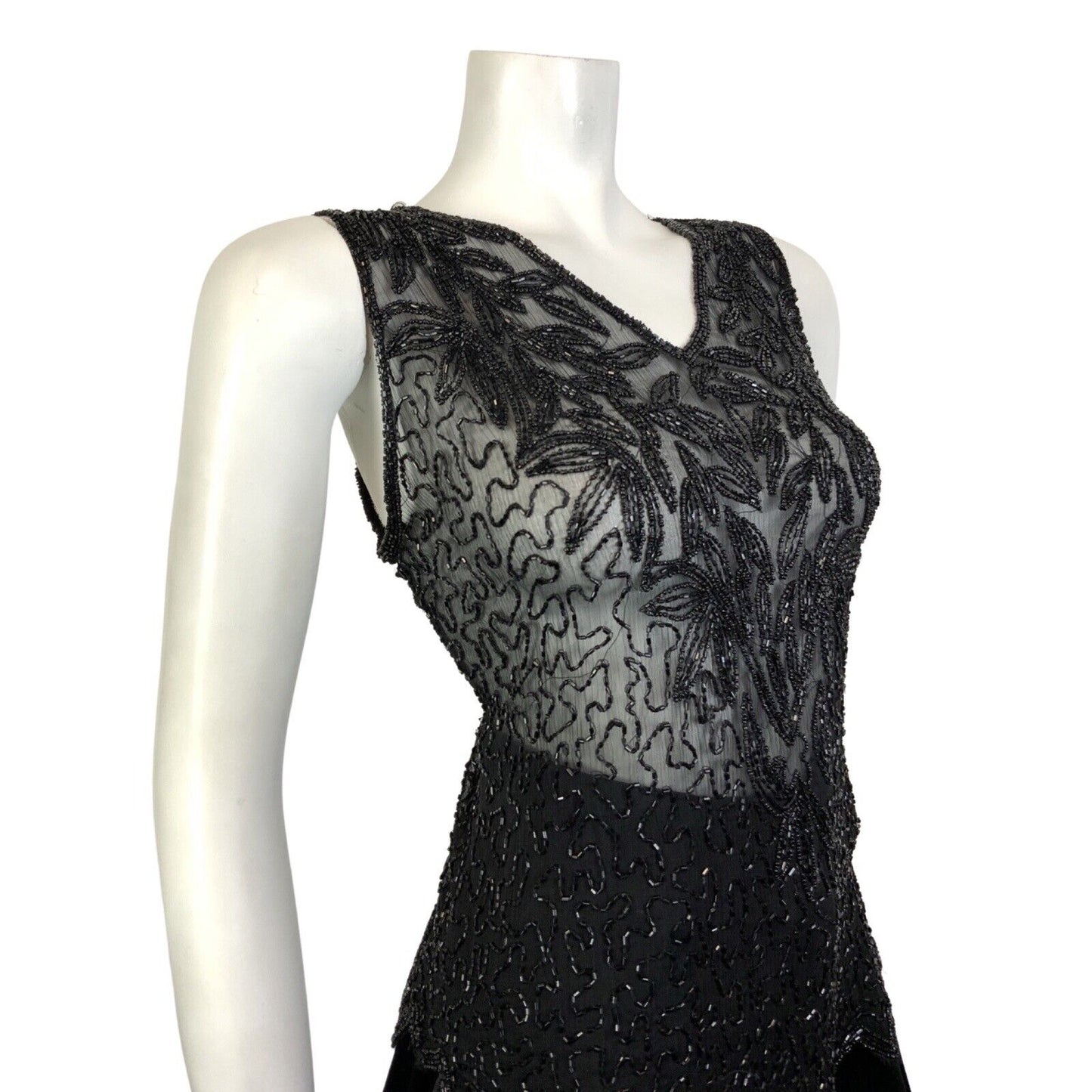 VINTAGE 60s 70s BLACK FLORAL SQUIGGLE SEQUIN BEADED SHEER SLEEVELESS TOP 12 14