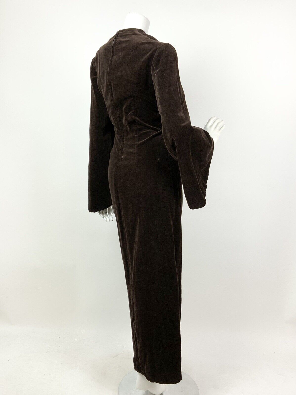 VTG 60s 70s BROWN BRONZE STAR BEADED BELL SLEEVE FOLK BOHO VELVET MAXI DRESS 12