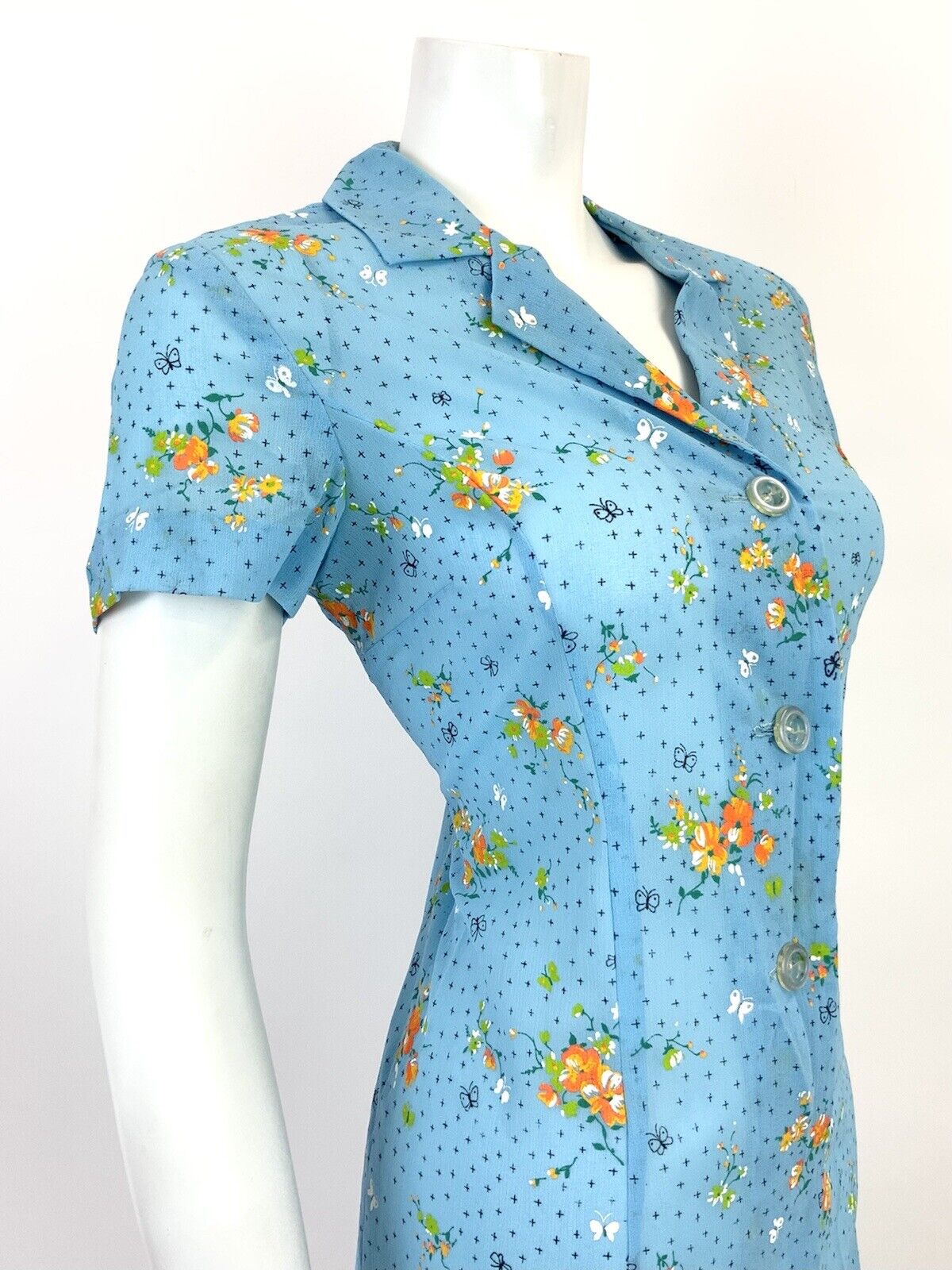 VTG 60s 70s BABY BLUE WHITE ORANGE FLORAL BUTTERFLY MOD SHEER SHIRT DRESS 10 12