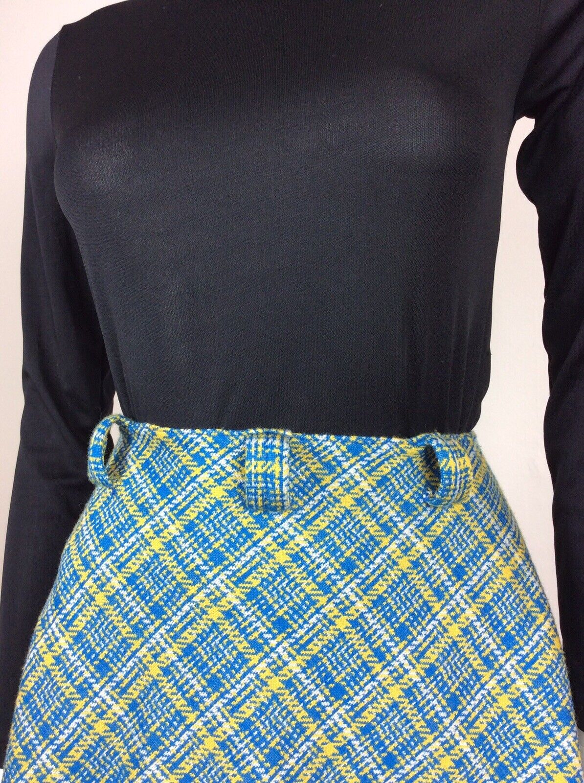 VTG 70s BLUE YELLOW WHITE CHECKED FULL SWING SKIRT SZ 8