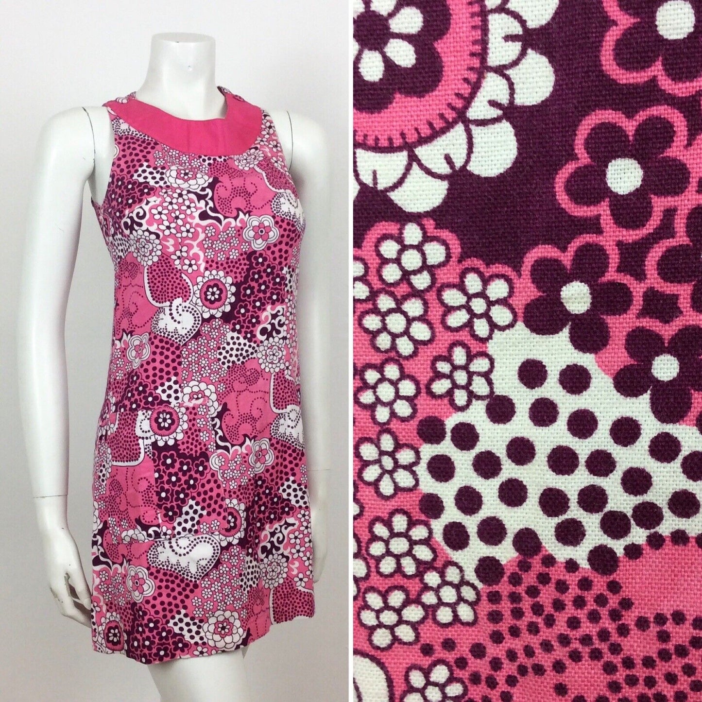 VINTAGE 60S COTTON PINK PURPLE PSYCHEDELIC FLORAL MINI DRESS 8 10