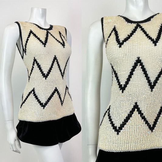 VINTAGE 70S 80S IRIDESCENT WHITE BLACK ZIG-ZAG MOD KNITTED SLEEVELESS TOP 10 12
