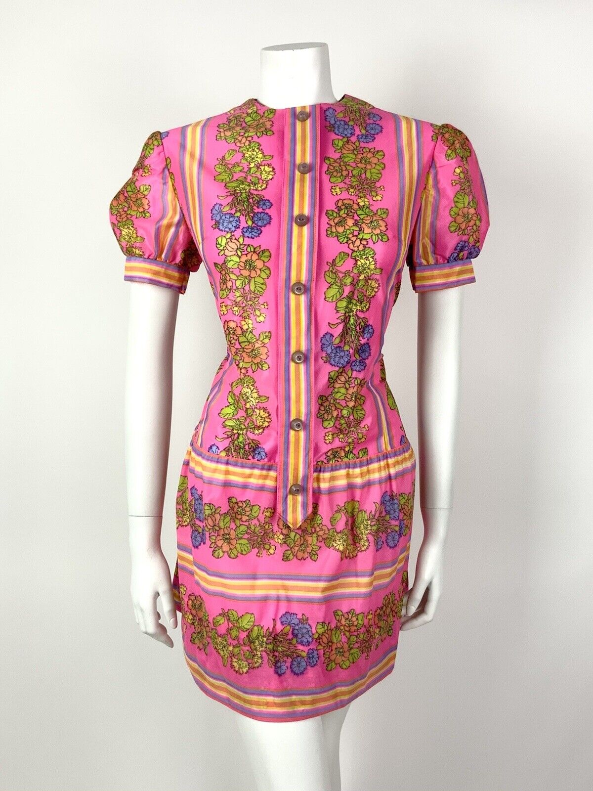 VTG 60s 70s NEON PINK YELLOW PURPLE STRIPED FLORAL MOD DROP WAIST DRESS 10 12
