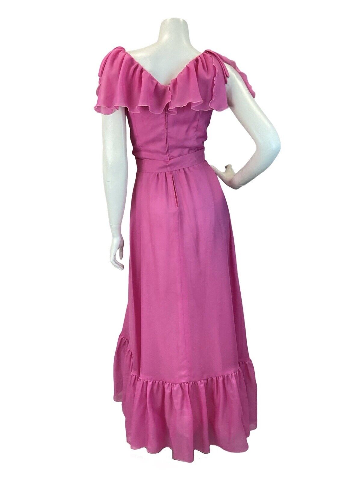 VTG 60S 70S BRIGHT PINK RUFFLE V-NECK MAXI DRESS 8 10