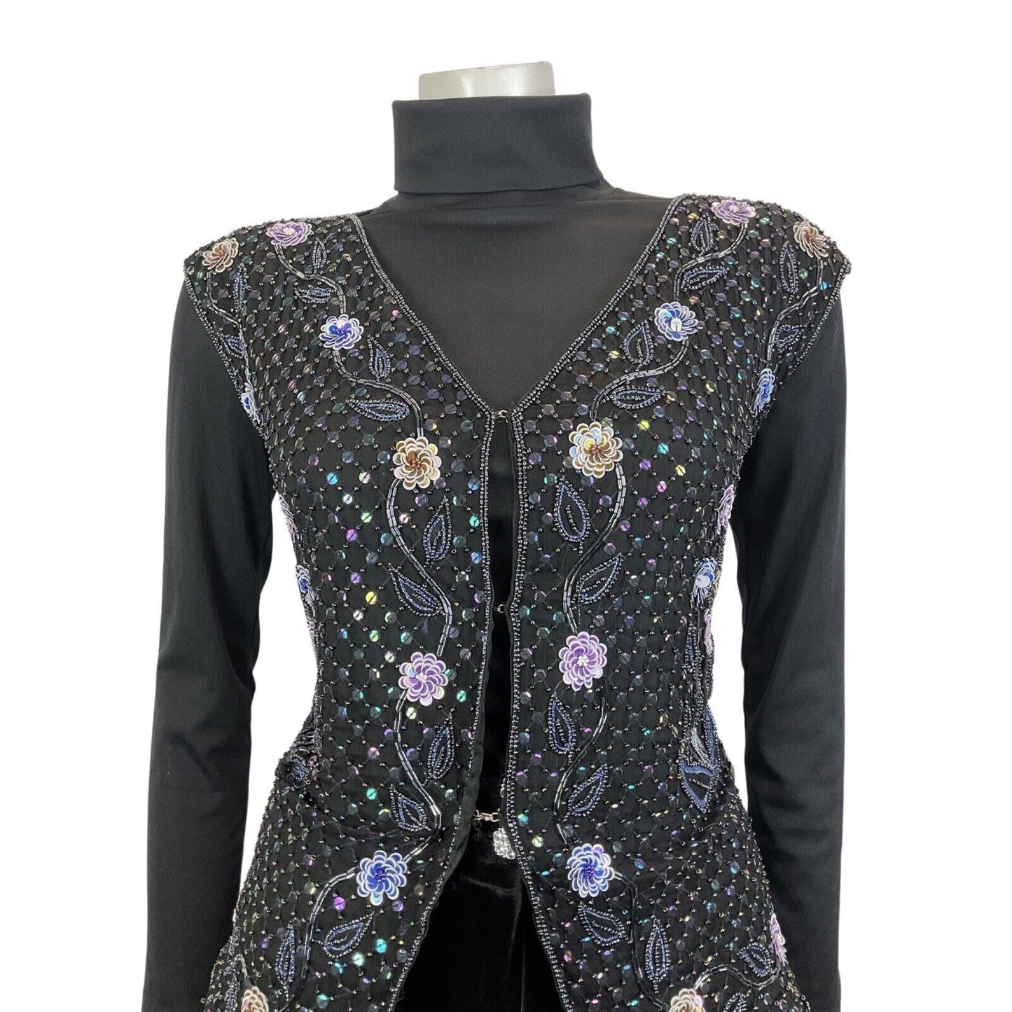 VINTAGE 70s 80s BLACK PURPLE FLORAL SEQUIN BEADED DISCO GLAM WAISTCOAT TOP 12 14