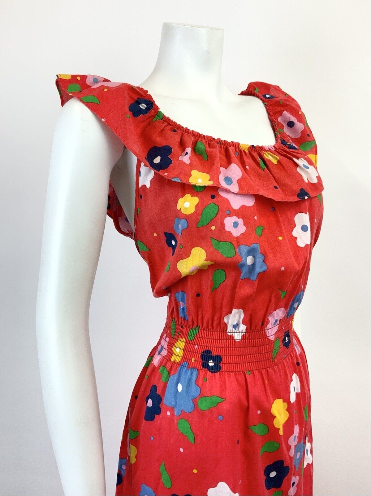 VTG 60s 70s RED BLUE GREEN WHITE FLORAL DAISY MOD SLEEVELESS SUMMER DRESS 12 14