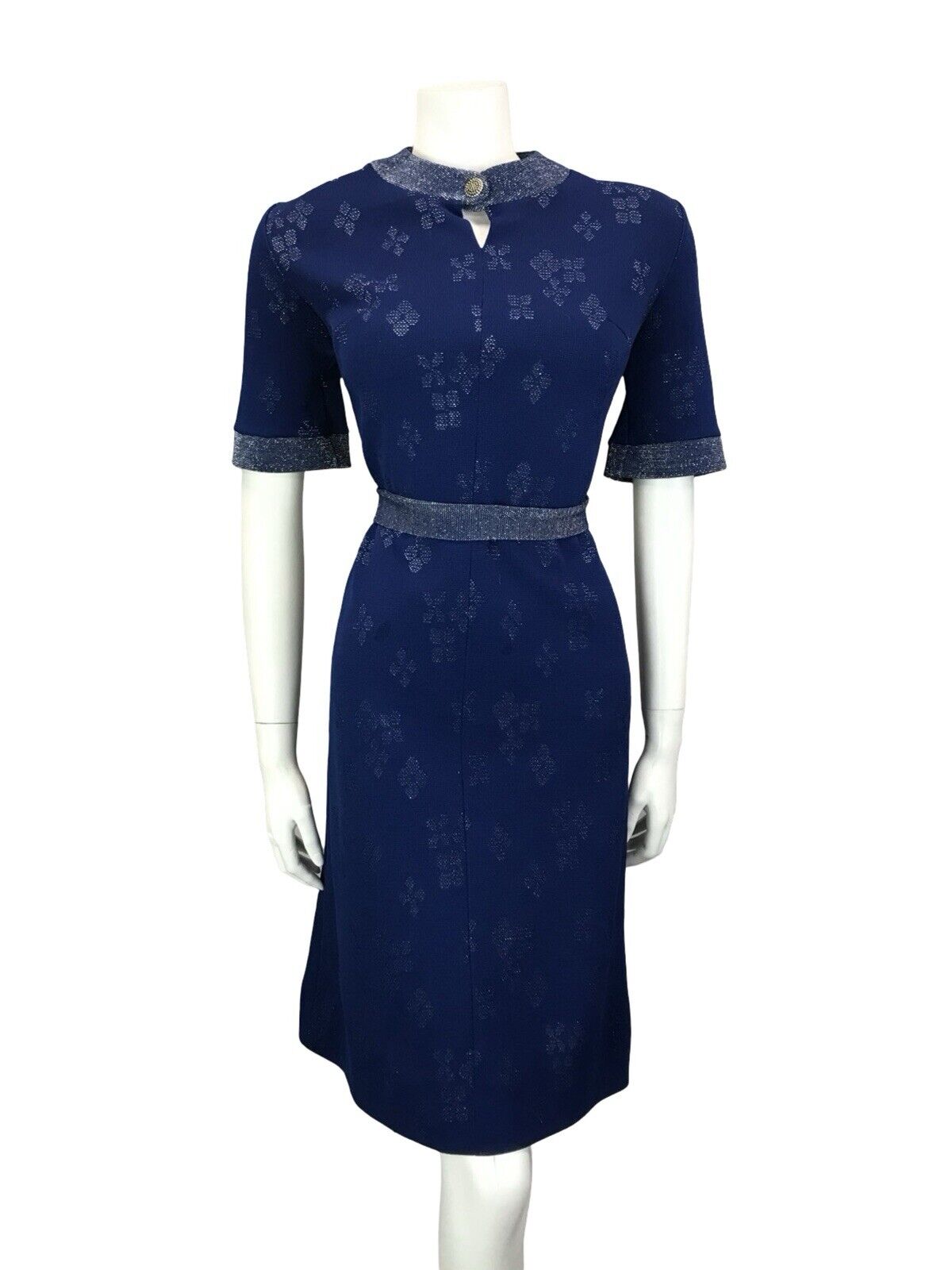 VTG 60S GLITTERY NAVY BLUE SILVER LUREX METALLIC KEYHOLE BELTED MIDI DRESS 12