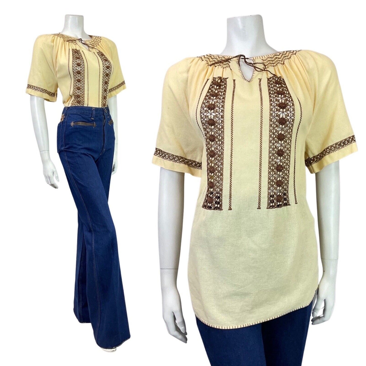 VINTAGE 70s YELLOW BROWN CROCHETED BOHO PRAIRIE FOLK COTTON BLOUSE 14 16