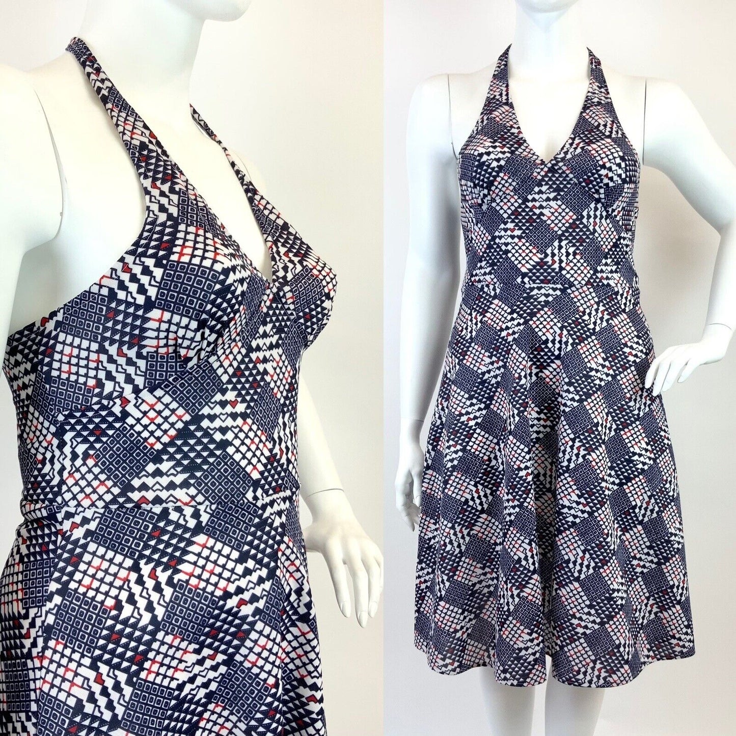VINTAGE 60s 70s BLUE RED WHITE GEOMETRIC CHECKERBOARD MOD HALTER SUMMER DRESS 16