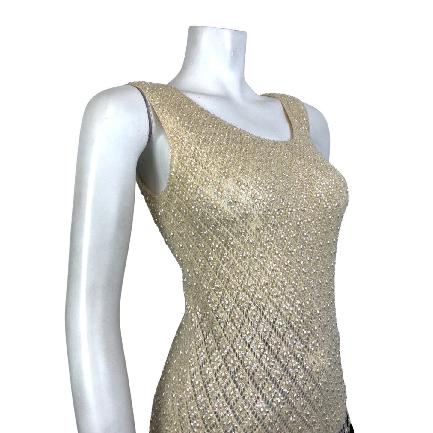 VINTAGE 70s CREAM IRIDESCENT PEARL SEQUIN BEADED TASSELED KNITTED TOP 8 10