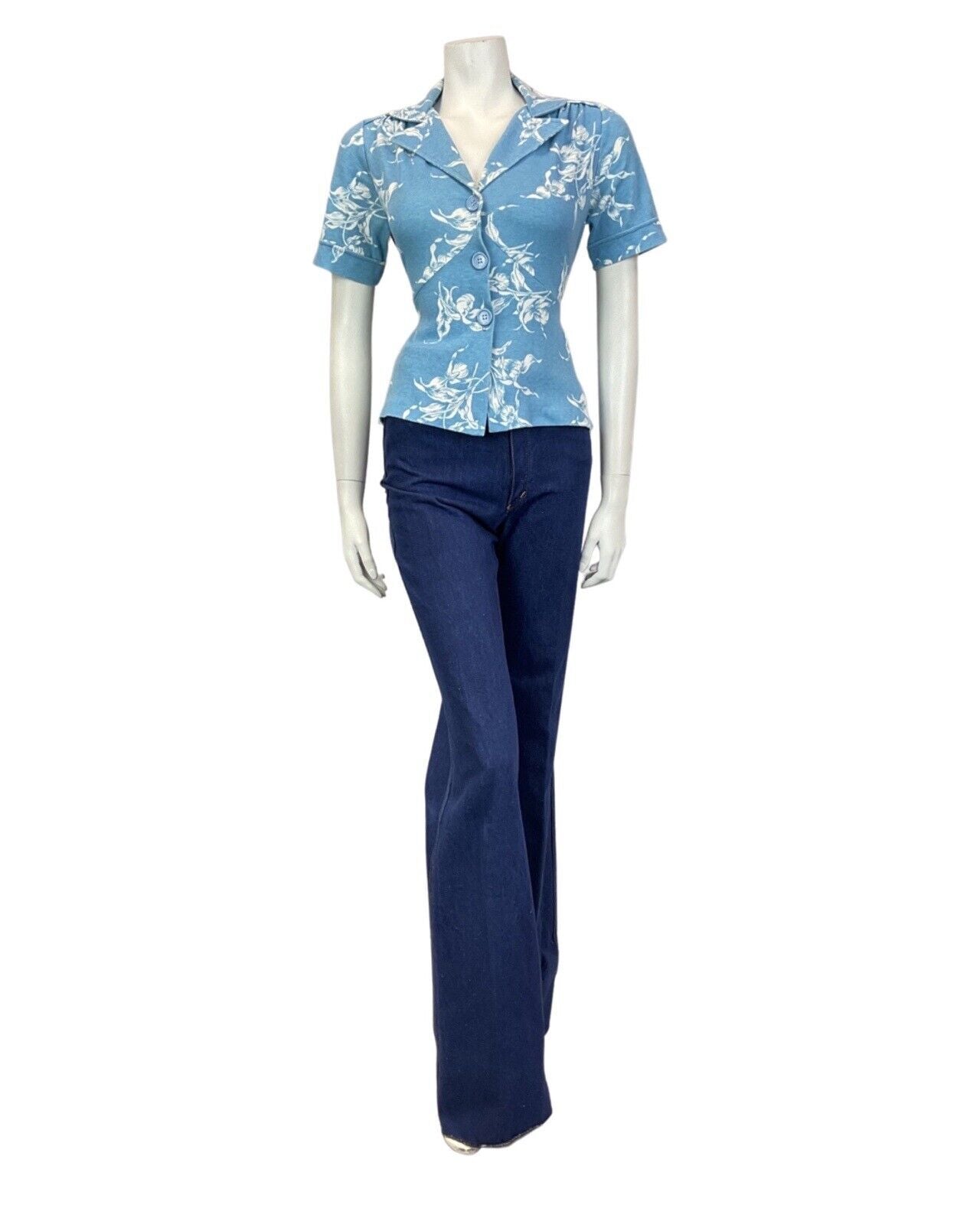VINTAGE 60s 70s LIGHT BLUE WHITE FLORAL BELTED SHORT SLEEVE BLOUSE SHIRT 12 14
