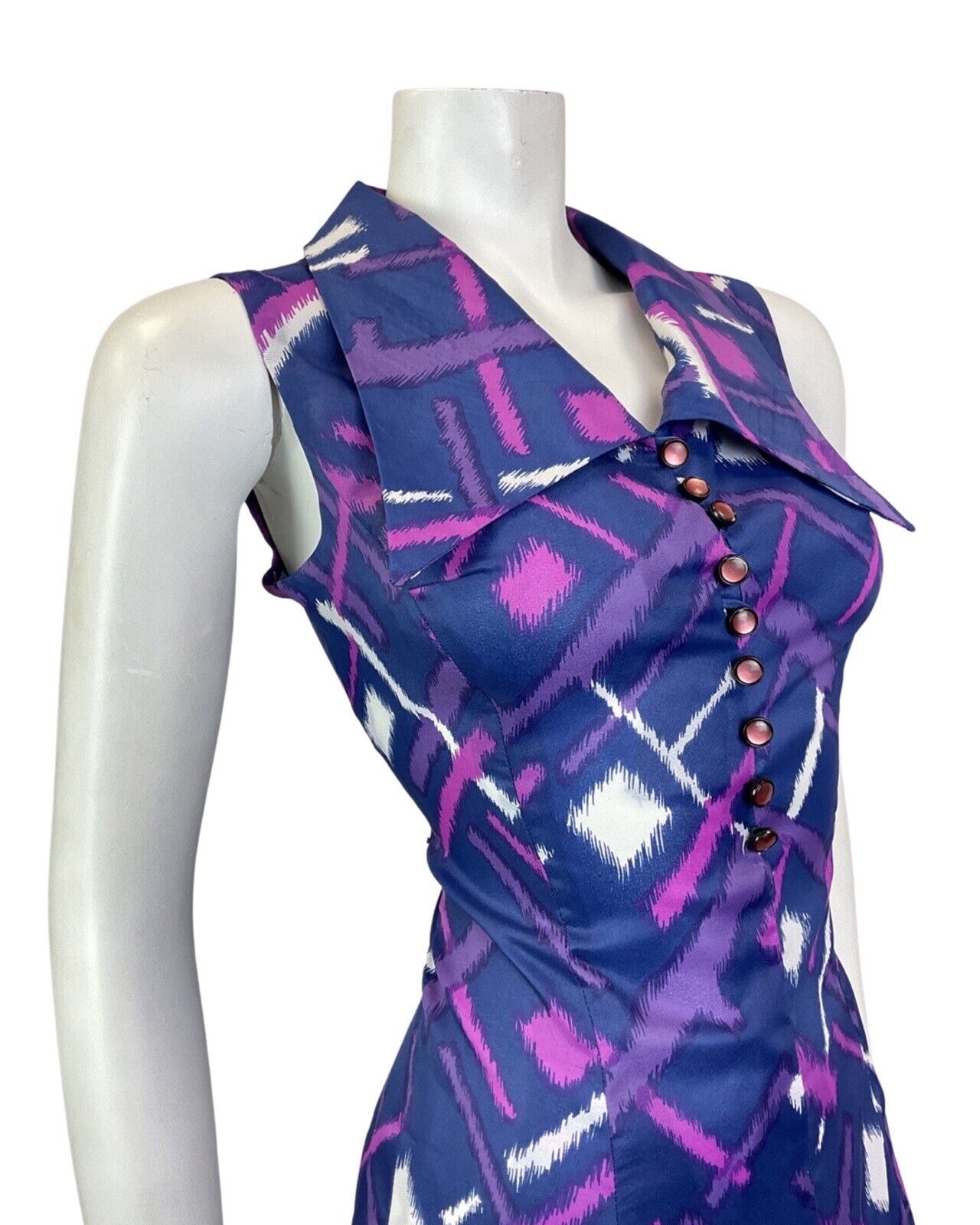 VTG 60s 70s BLUE PURPLE PINK STRIPED GEOMETRIC WING COLLAR MOD SWING DRESS 10 12